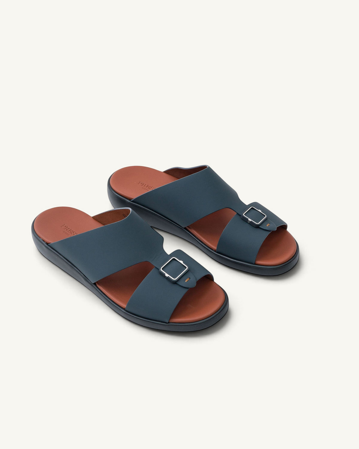 Prestige Lord Gommato extra light men's sandals in deep blue with a brown footbed and silver buckle detail