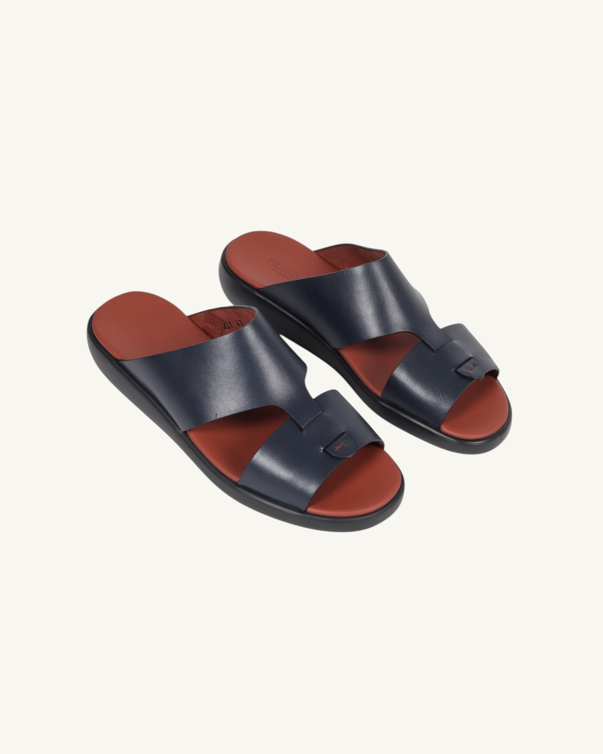 Prestige men's extra light sandals in deep blue soft nappa calf leather with contrasting rust-colored footbeds.