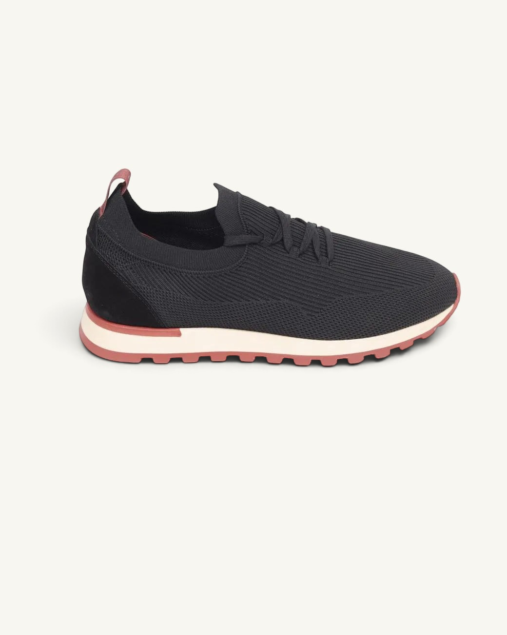 Prestige Flexy Lux black knit sneakers with a white midsole and pink rubber lug sole for comfortable walking