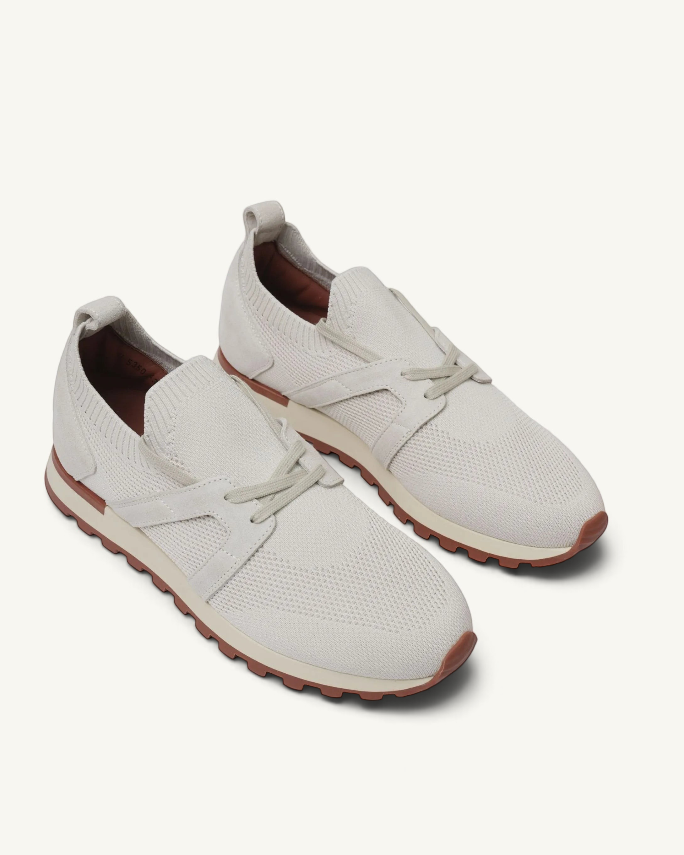 Prestige PS-U5350 Flexy Lux runners in ghiaccio grey knit fabric with suede accents and a durable brown rubber sole.