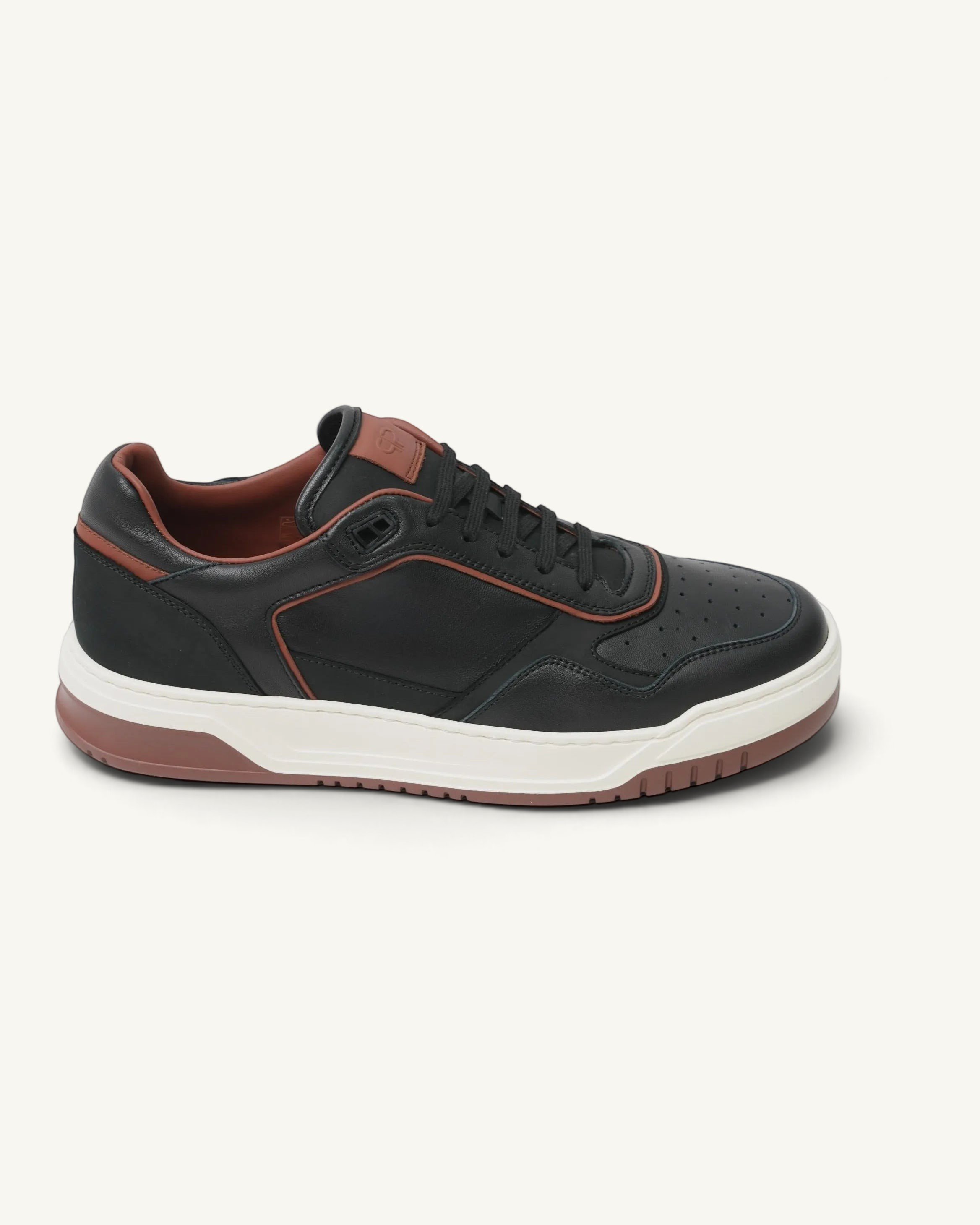 Prestige Glory Walk men's sneaker in black nappa and nabuk leather with brown accents and a white rubber sole.