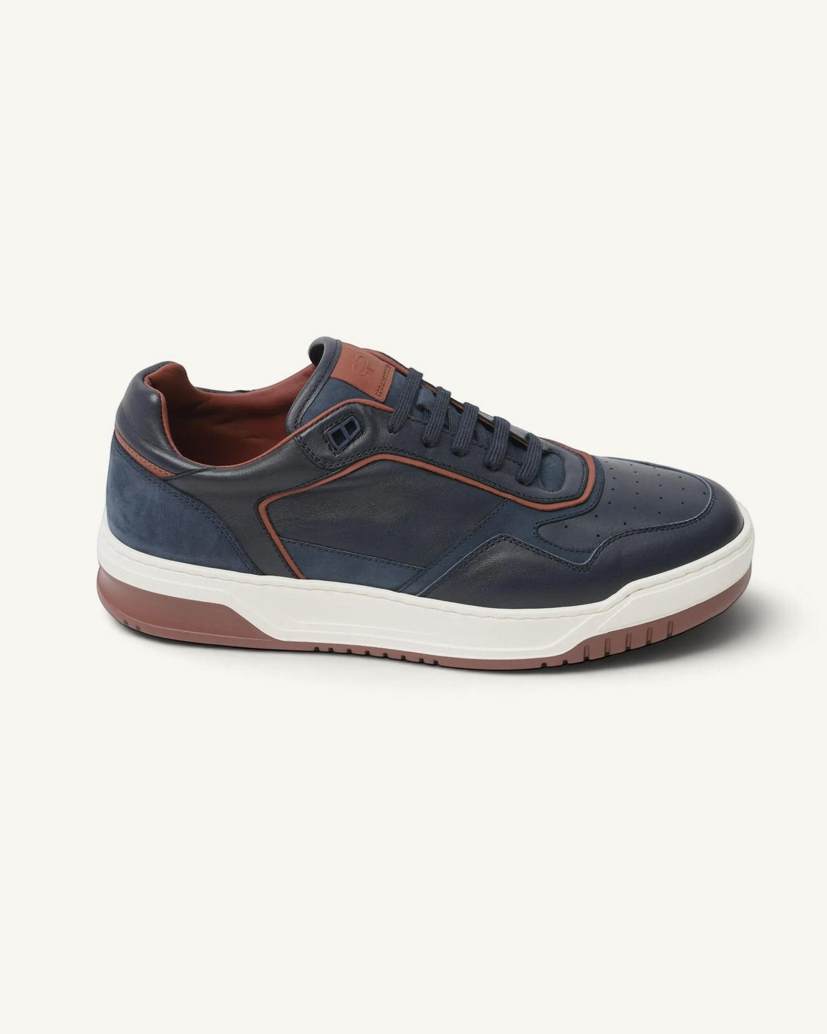 Prestige Glory Walk men's sneaker in royal blue nappa leather and nabuk with brown accents and a white rubber sole.
