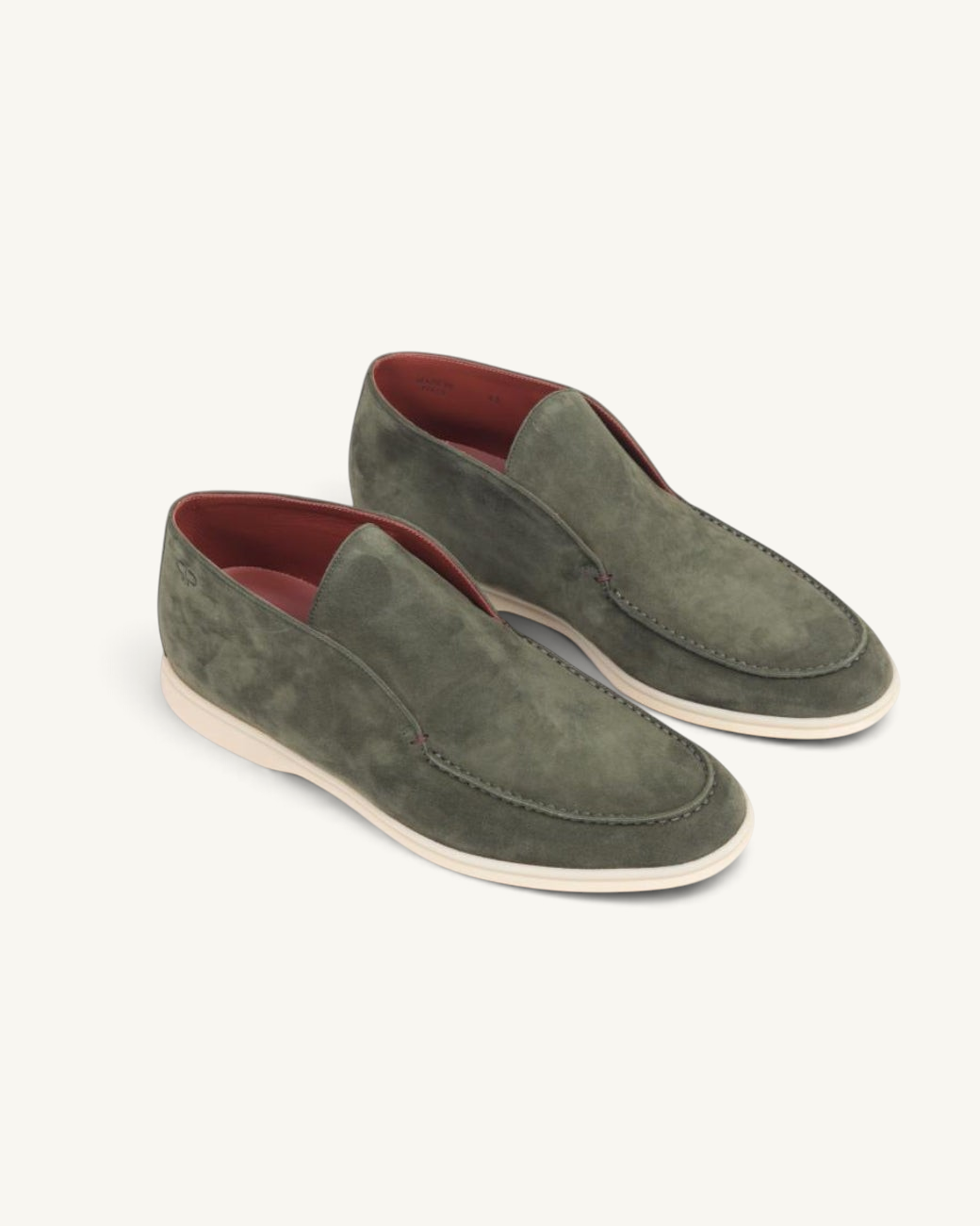 Prestige PSL092S ankle boots in olive green suede with a slip-on design and white rubber sole