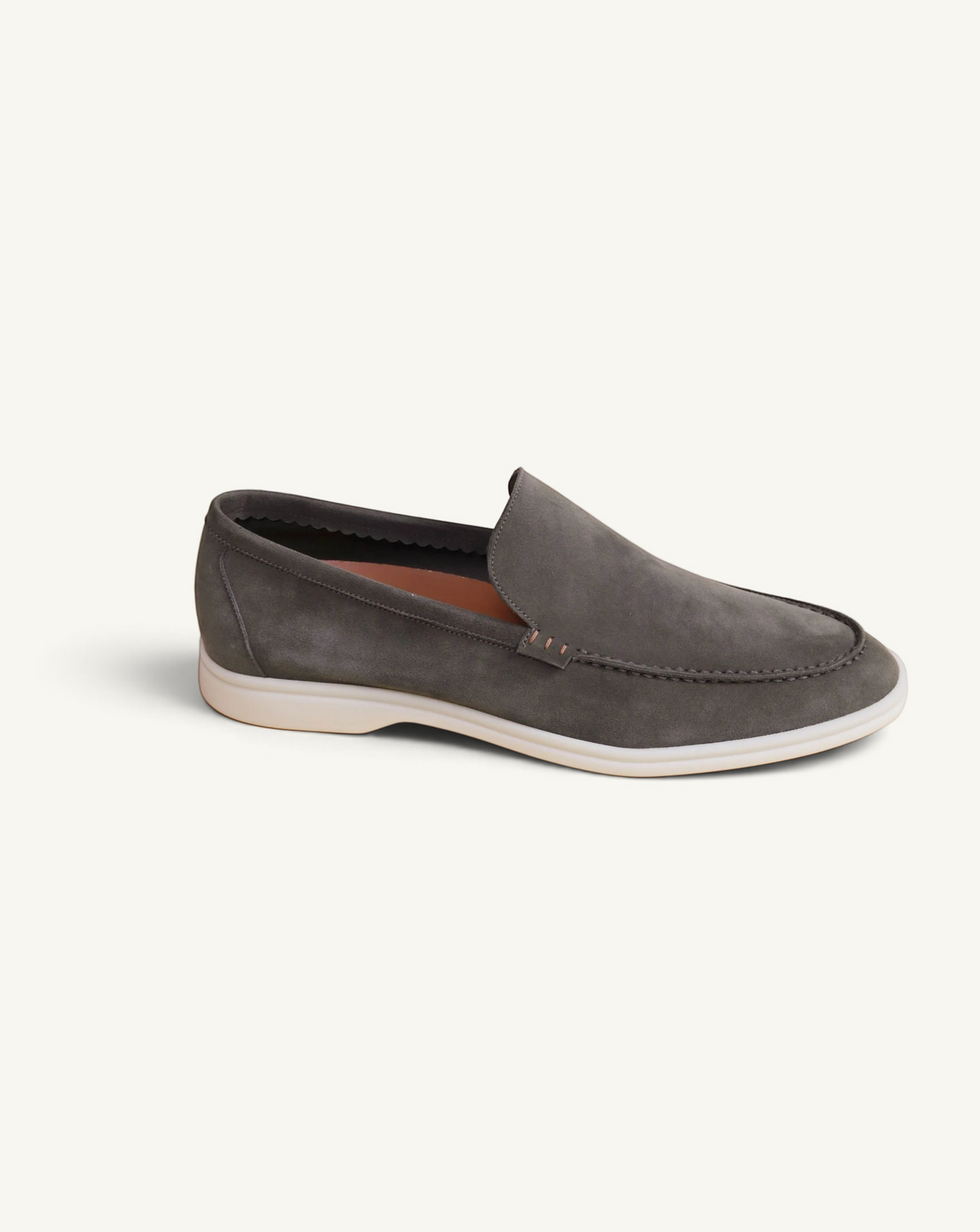 Prestige PSM092S loafer in dark green suede with a white rubber sole and stitched moccasin toe detail