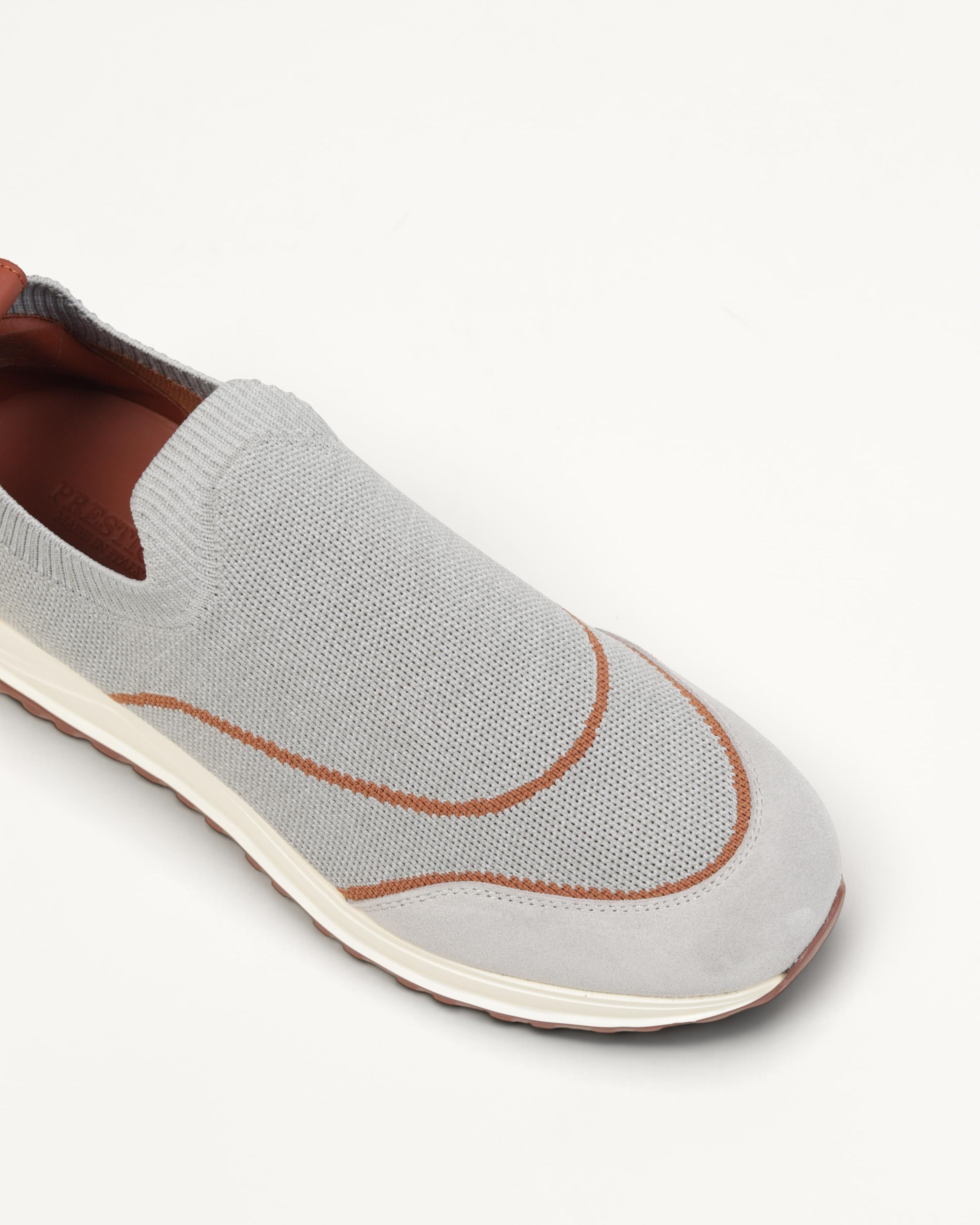 Prestige XLR Walk & Active grey knit slip-on sneaker with brown trim and suede detailing