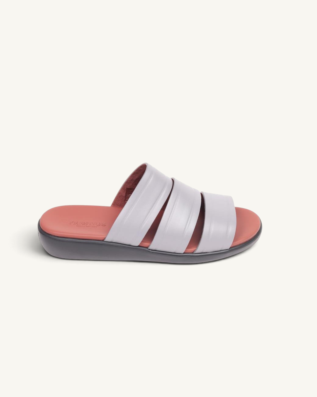 Prestige grey soft nappa calf leather slide sandals with a comfortable cushioned footbed and three-strap design.