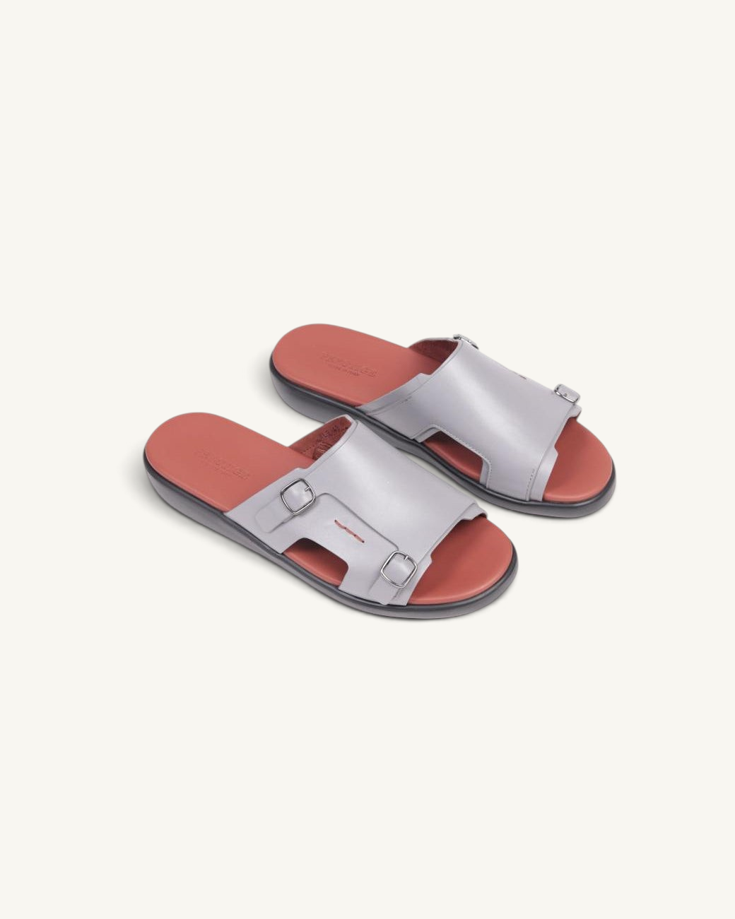 Prestige grey soft nappa calf leather sandals with adjustable buckle straps and a contrasting terracotta footbed