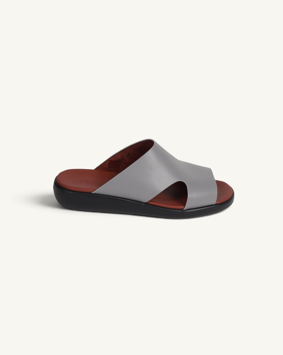 Prestige XL5 slide sandal in grey soft nappa calf leather with a contrasting dark red footbed and black sole.