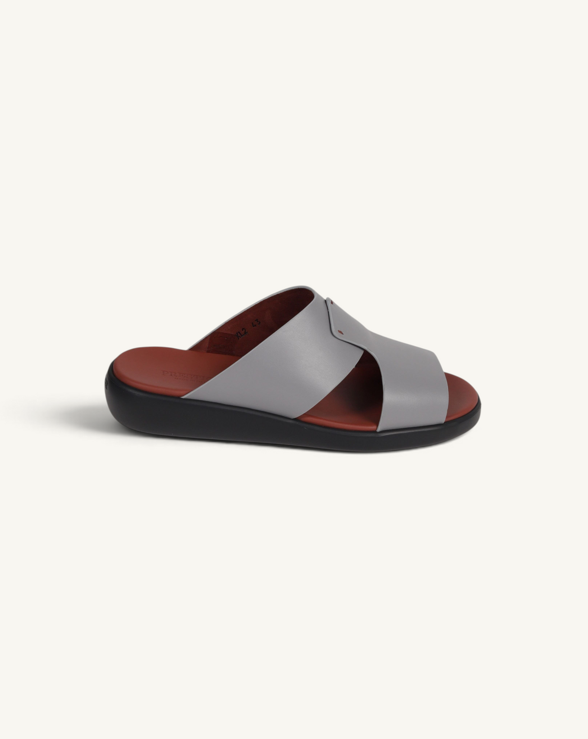 Prestige PSNC-XL2 slide sandals in soft grey nappa calf leather with a contrasting dark red footbed and black sole.