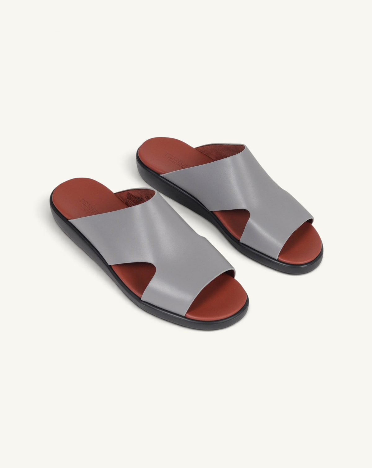 Prestige XL5 soft grey nappa calf leather slide sandals with a contrasting terracotta footbed and black sole