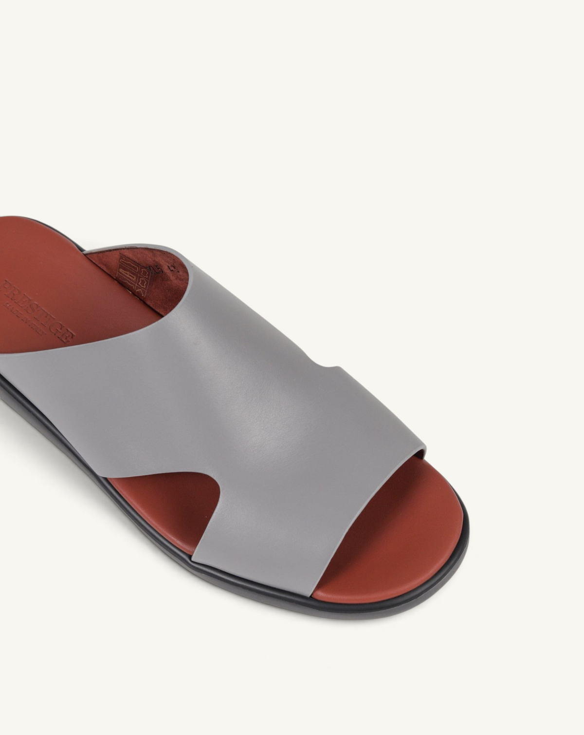 Prestige XL5 soft grey nappa calf leather slide sandal with a contrasting rust-coloured footbed