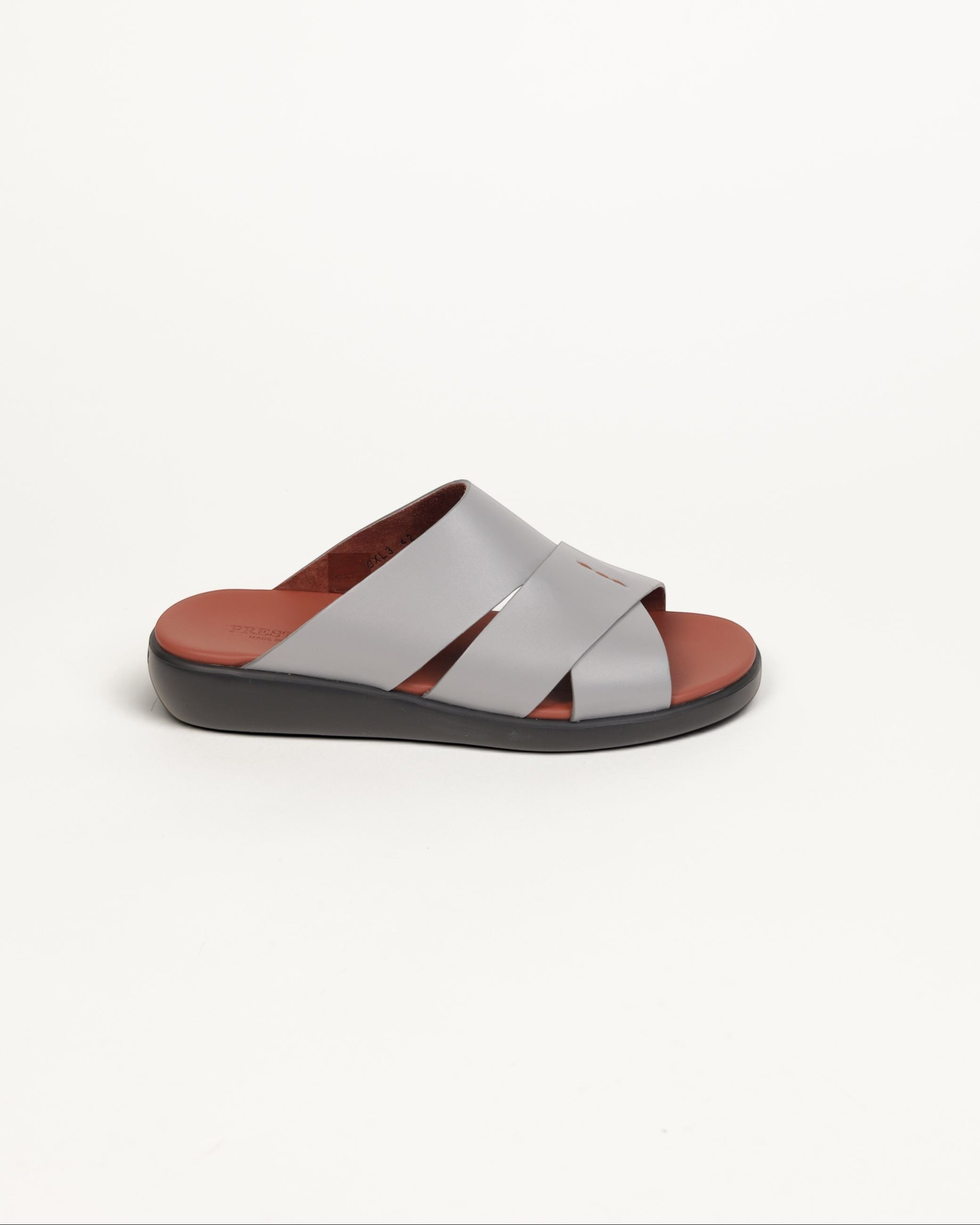 Prestige men's extra light slide sandals in soft grey nappa leather with a brown footbed and black sole.