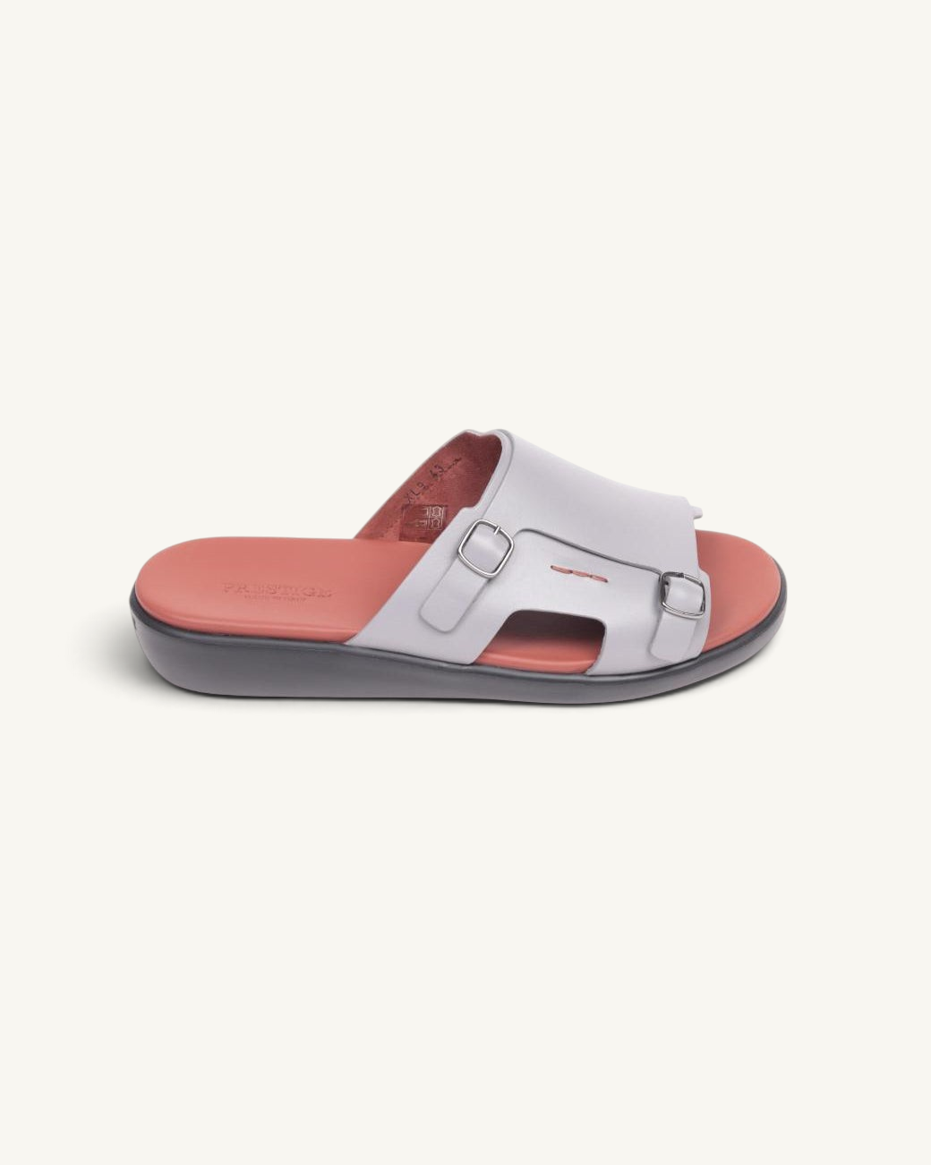 Prestige grey soft nappa calf leather slide sandal with two adjustable buckles and a contrasting coral footbed