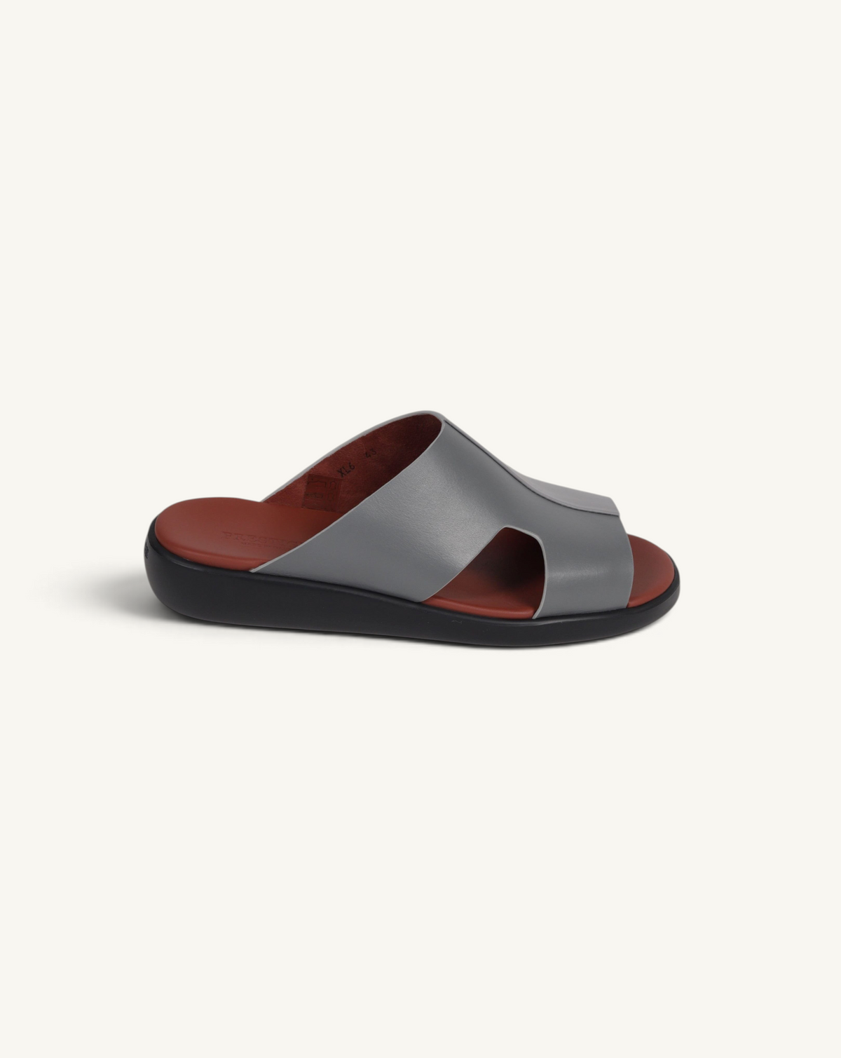Prestige grey soft nappa calf leather slide sandal with a comfortable contoured footbed and open toe design