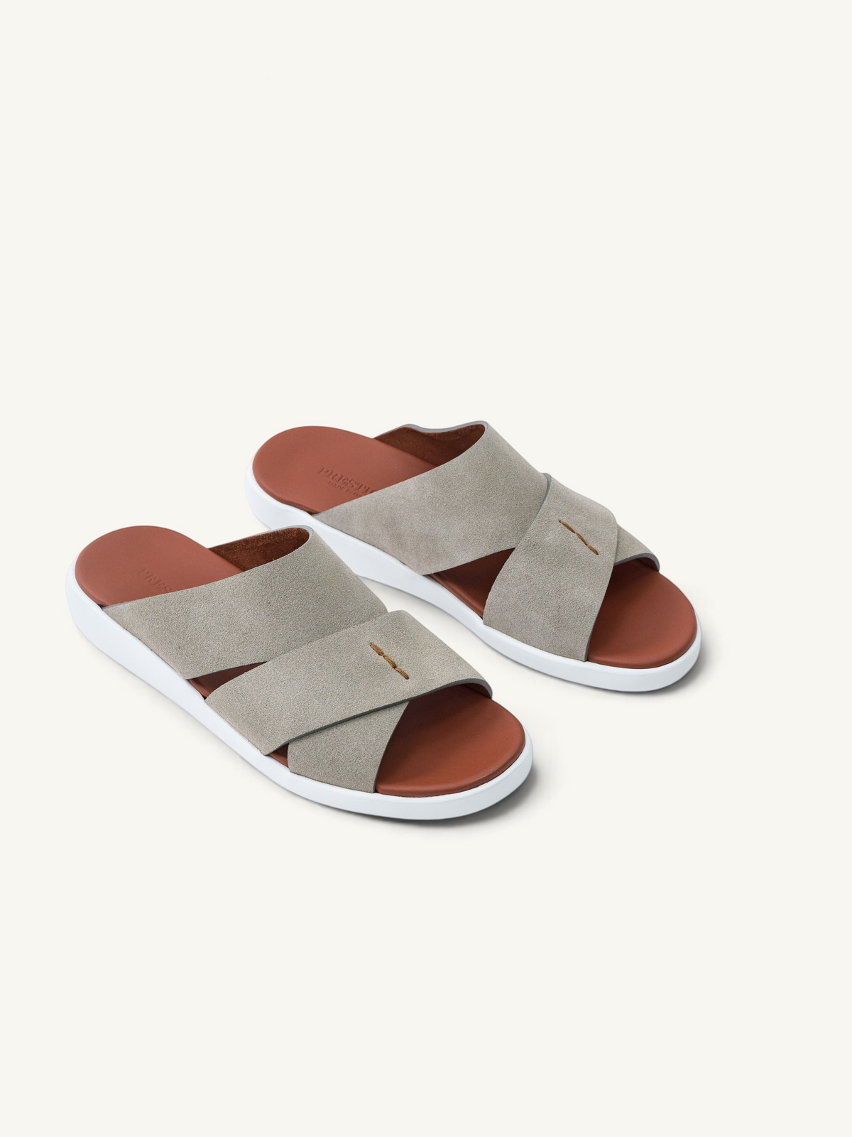 Prestige PVNL-XL3 VELOUR SASSO slide sandals in grey suede with a brown leather footbed and white rubber sole.