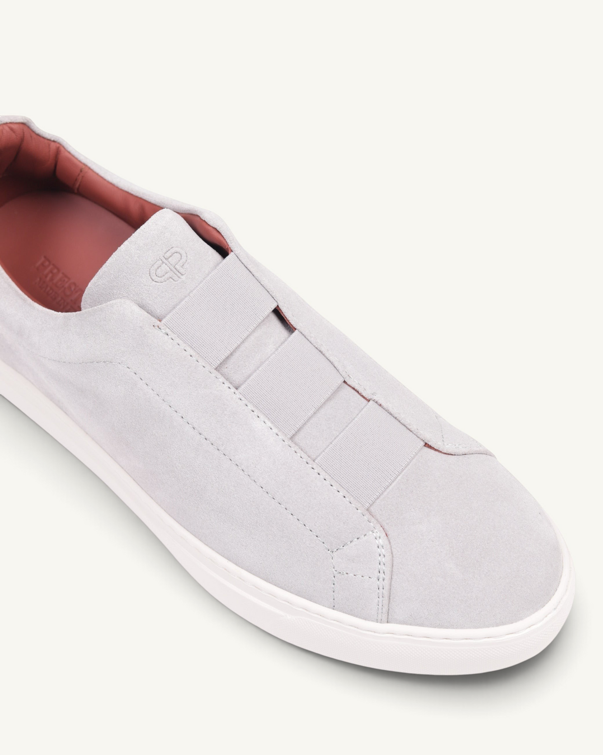 Prestige U5332 lightweight grey velour slip-on sneaker with triple stitch elastic detail and white rubber sole