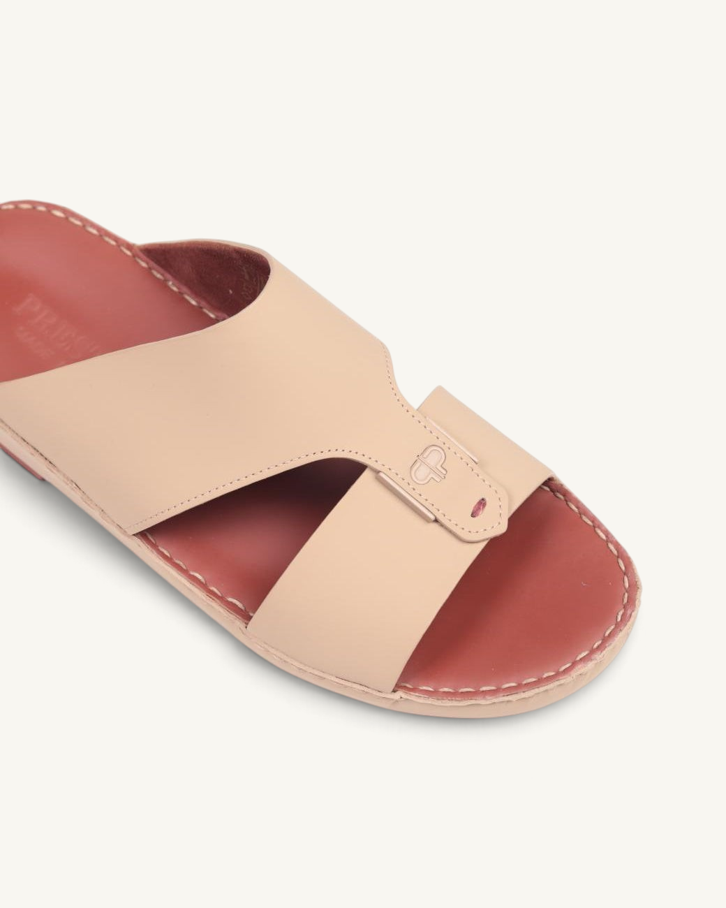 Prestige P3376 Horizon Lux matt cappuccino leather slide sandal with a unique cutout design and stitched detailing.