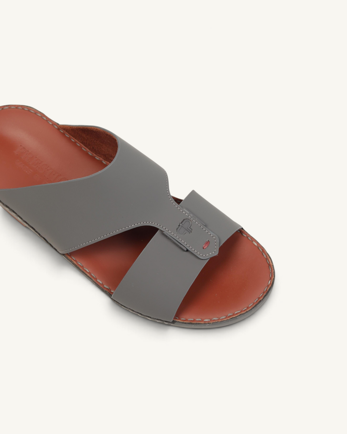 Prestige P3376 Horizon Lux Matt slide sandals in anthracite grey leather with a tan footbed and embossed logo detail