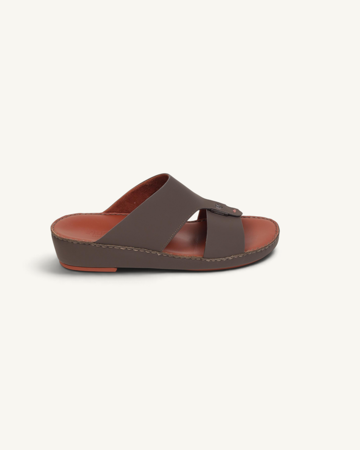 Prestige Horizon Lux matt cocoa leather slide sandal with a comfortable contoured footbed and side view