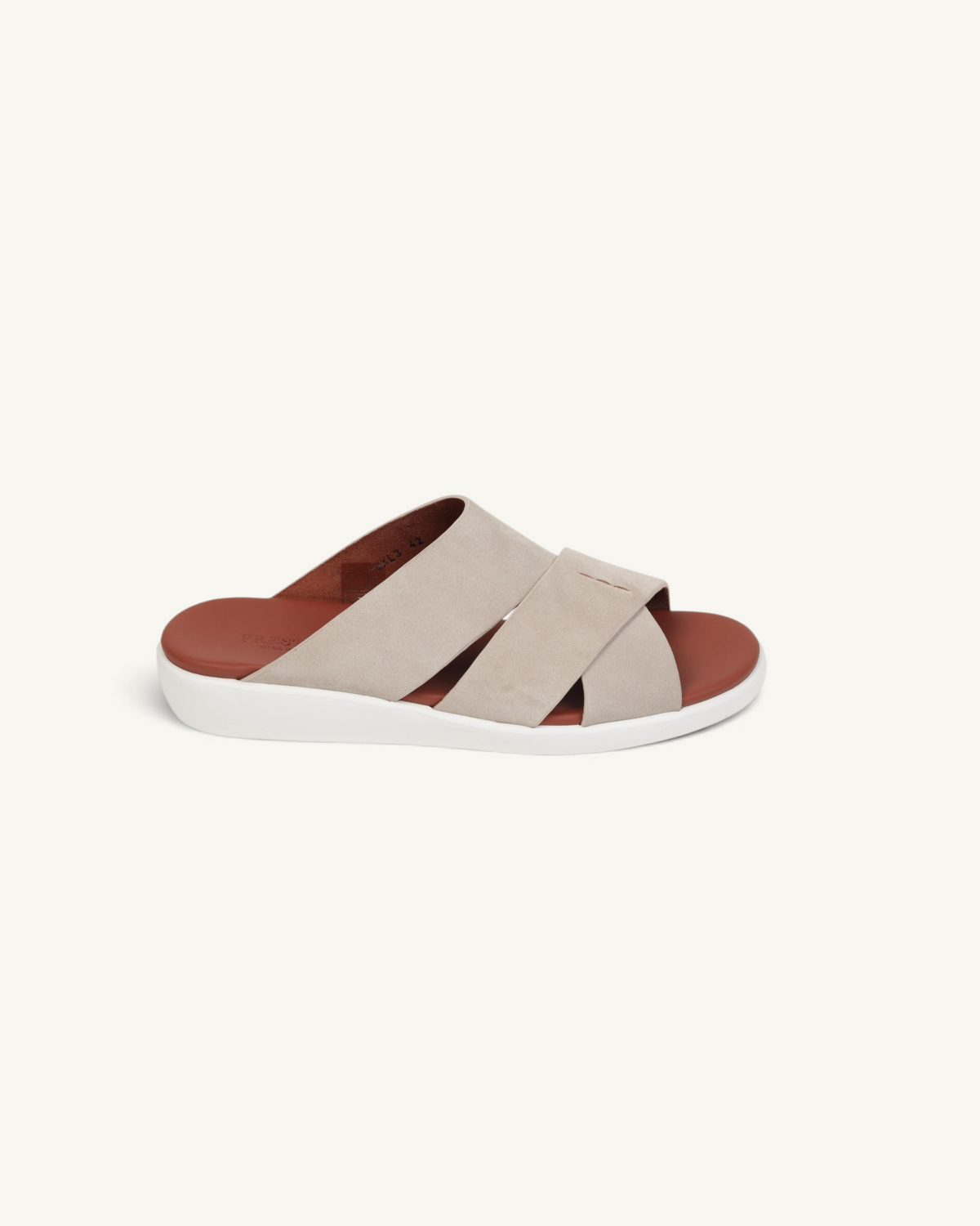 Prestige PVNL-XL3 velour sport slide in ivory with a brown footbed and white sole