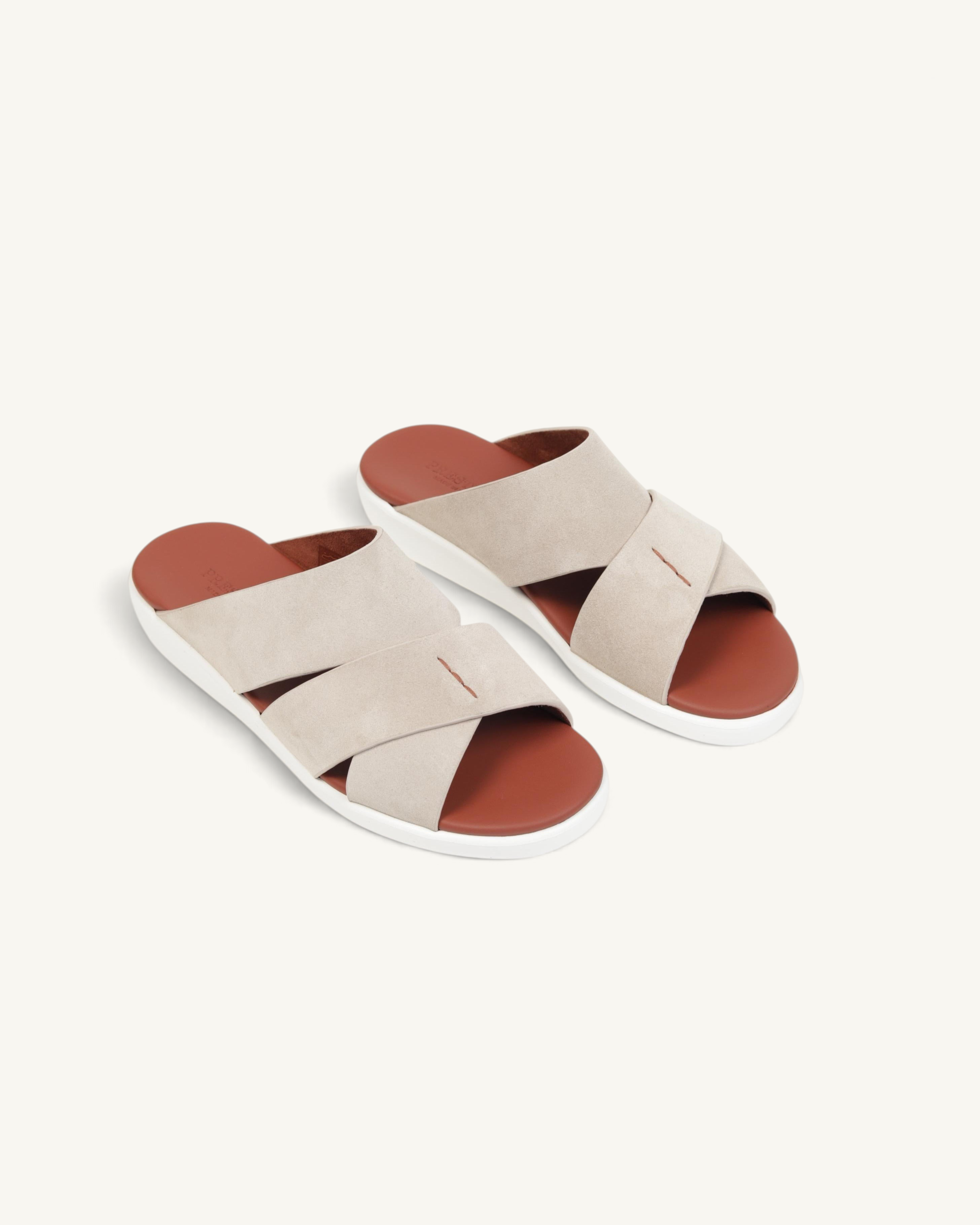 Prestige PVNL-XL3 Velour Sport Line ivory slide sandals featuring crisscross straps and a brown footbed