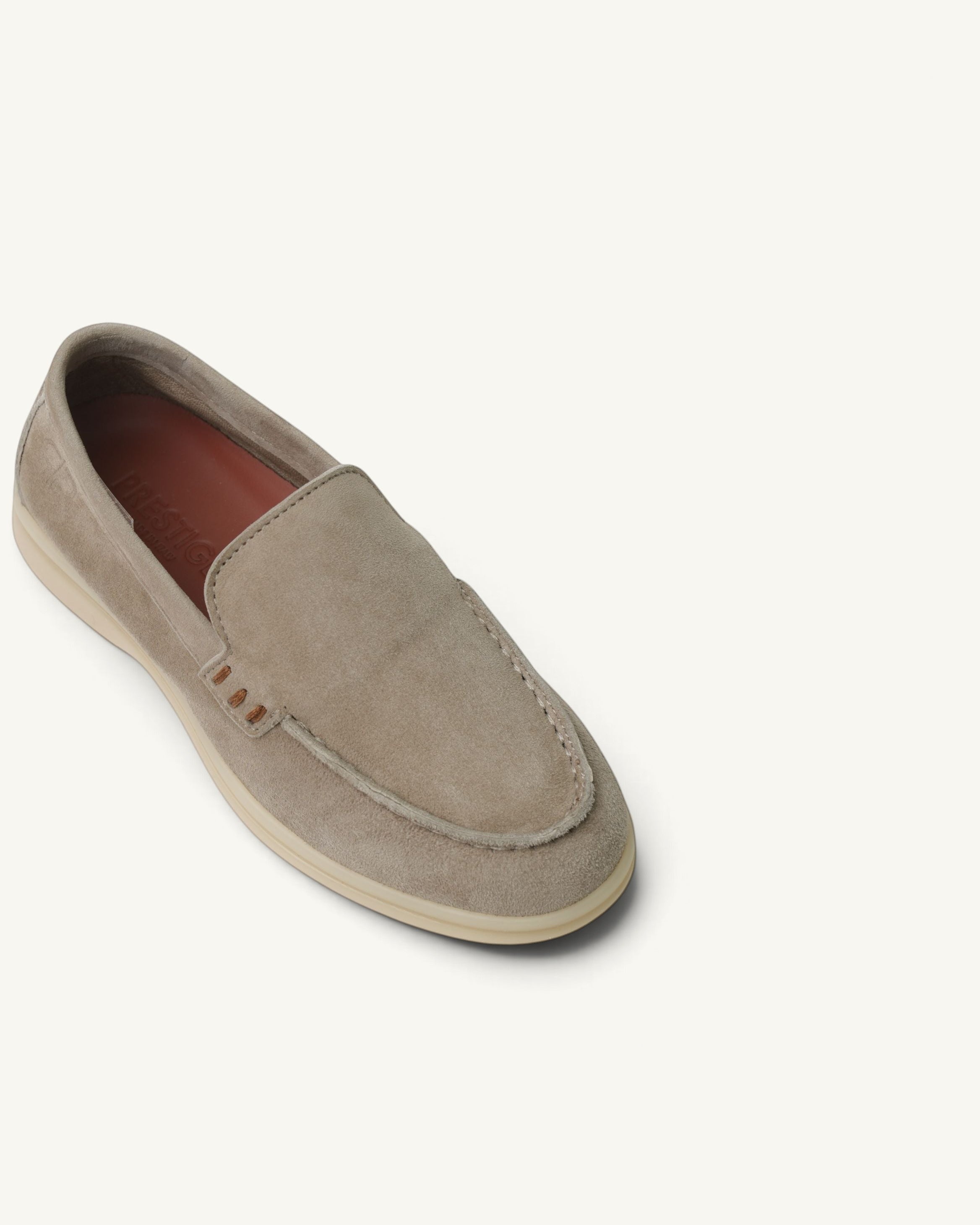Prestige kids unisex taupe suede slip-on loafers with a comfortable flat sole for summer walking
