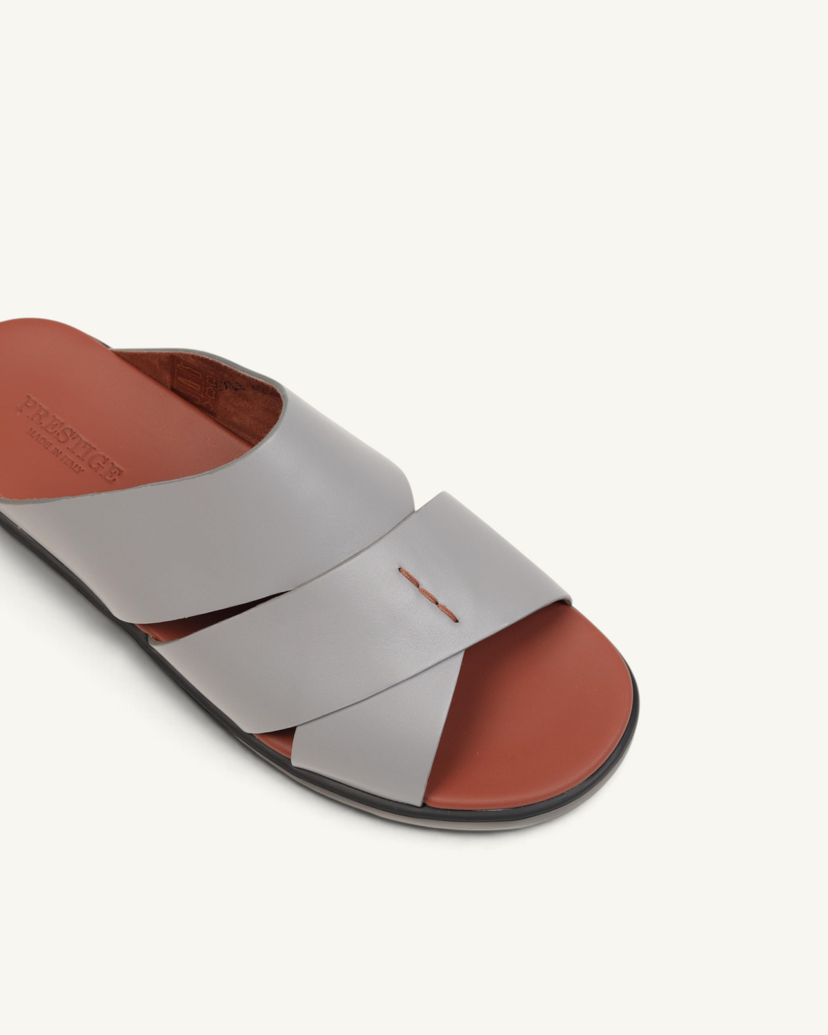 Prestige P3437 PALM LUX light grey napa calf leather slide sandals with a brown footbed and cross-strap design.