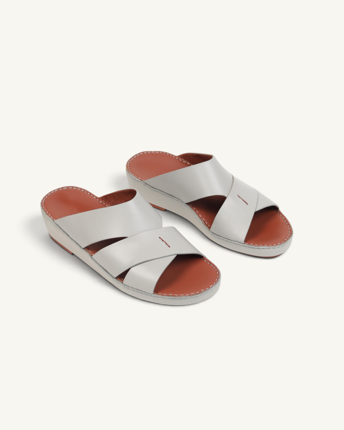 Prestige P3437 PALM LUX light grey napa calf leather slide sandals with cross-strap design and tan footbed