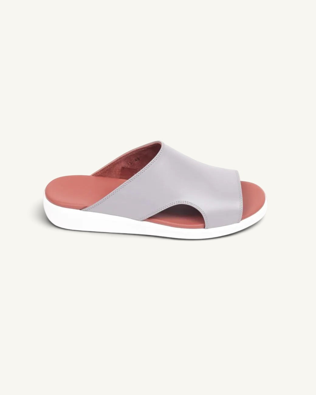 Prestige light grey soft nappa leather slide sandal with a coral footbed and white athletic sole