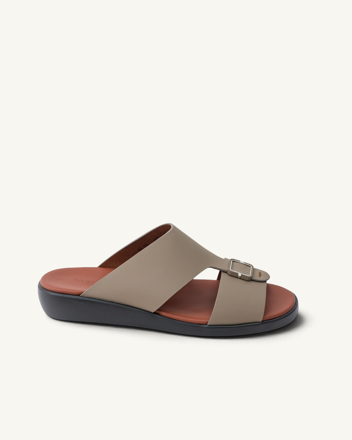 Prestige Lord Gommato taupe men's extra light sandals with a buckle strap and contrasting brown footbed