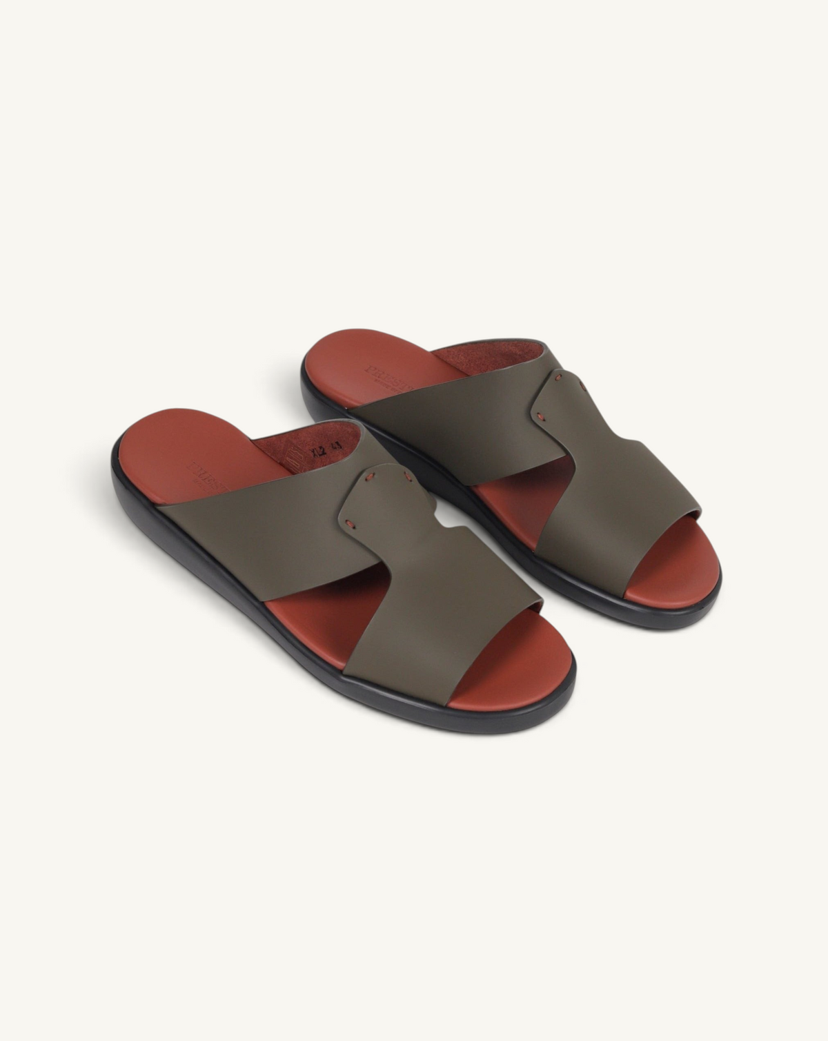 Prestige PG-XL2 Gomatto military green leather slide sandals with a contrasting terracotta red footbed