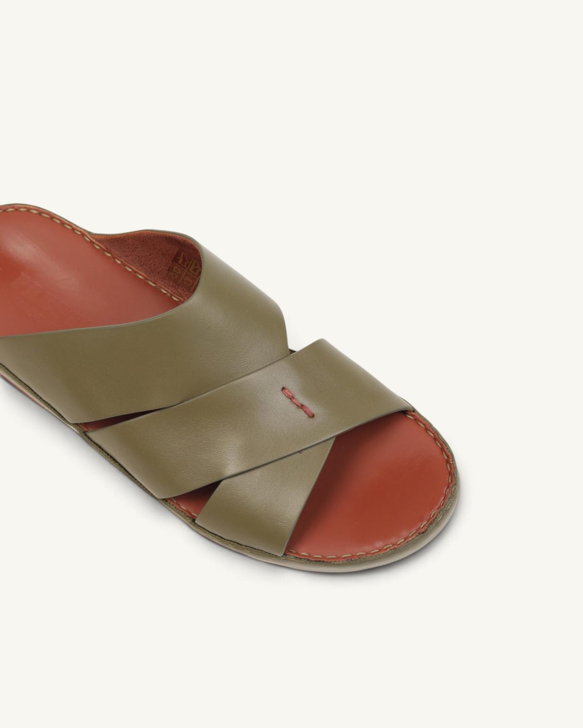 Prestige P3437 PALM LUX military green napa calf leather slide sandals with a rust-colored footbed and cross straps.