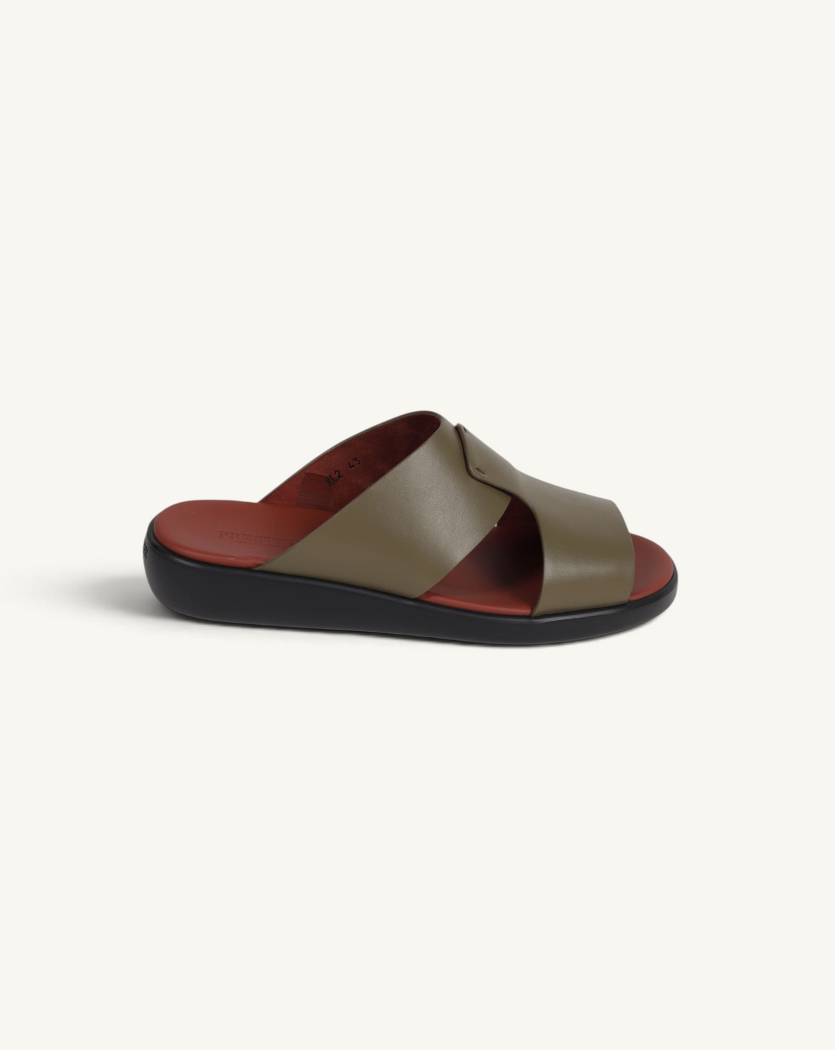Prestige PSNC-XL2 military green soft nappa calf leather slide sandal with a rust red footbed and black sole.