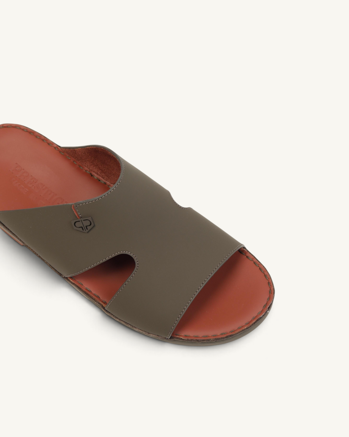 Prestige P3364 Elite Lux Matt mocha leather slide sandals with a cutout design and branded metal emblem