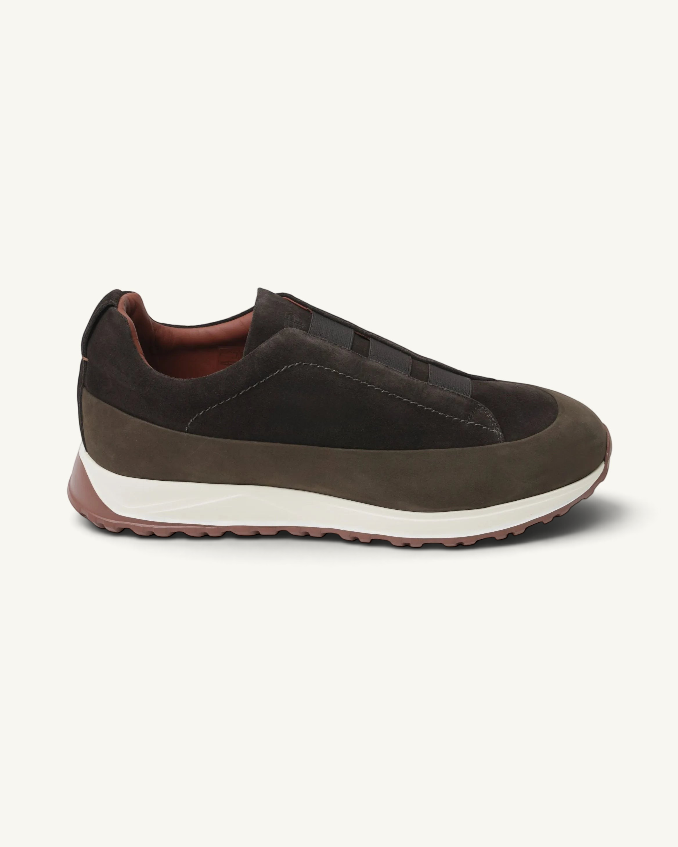 Prestige Monte triple stitch velour sneakers in dark brown with a white midsole and brown rubber outsole