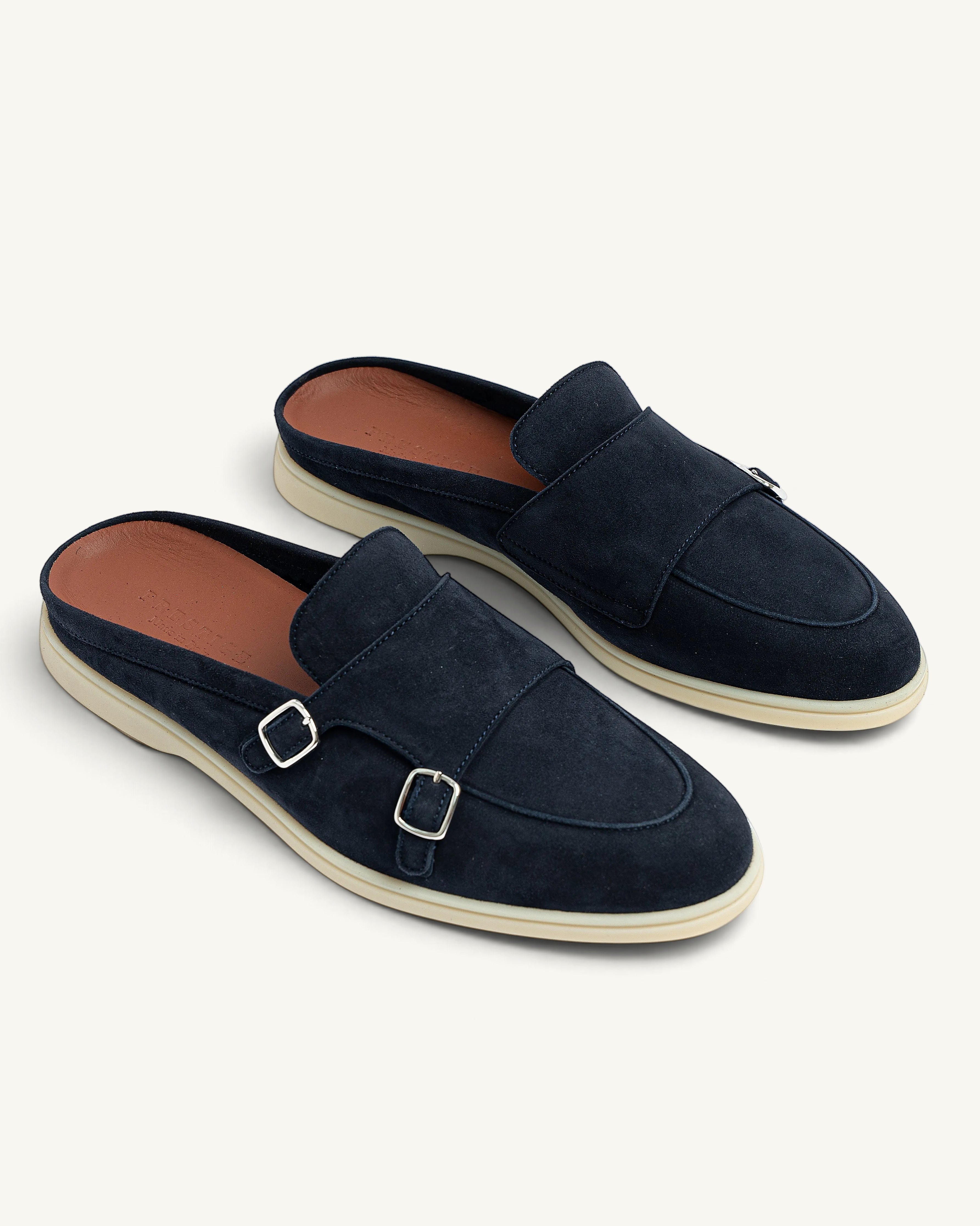 Prestige navy blue suede babouche monk walk shoes with double silver buckles and a cream rubber sole