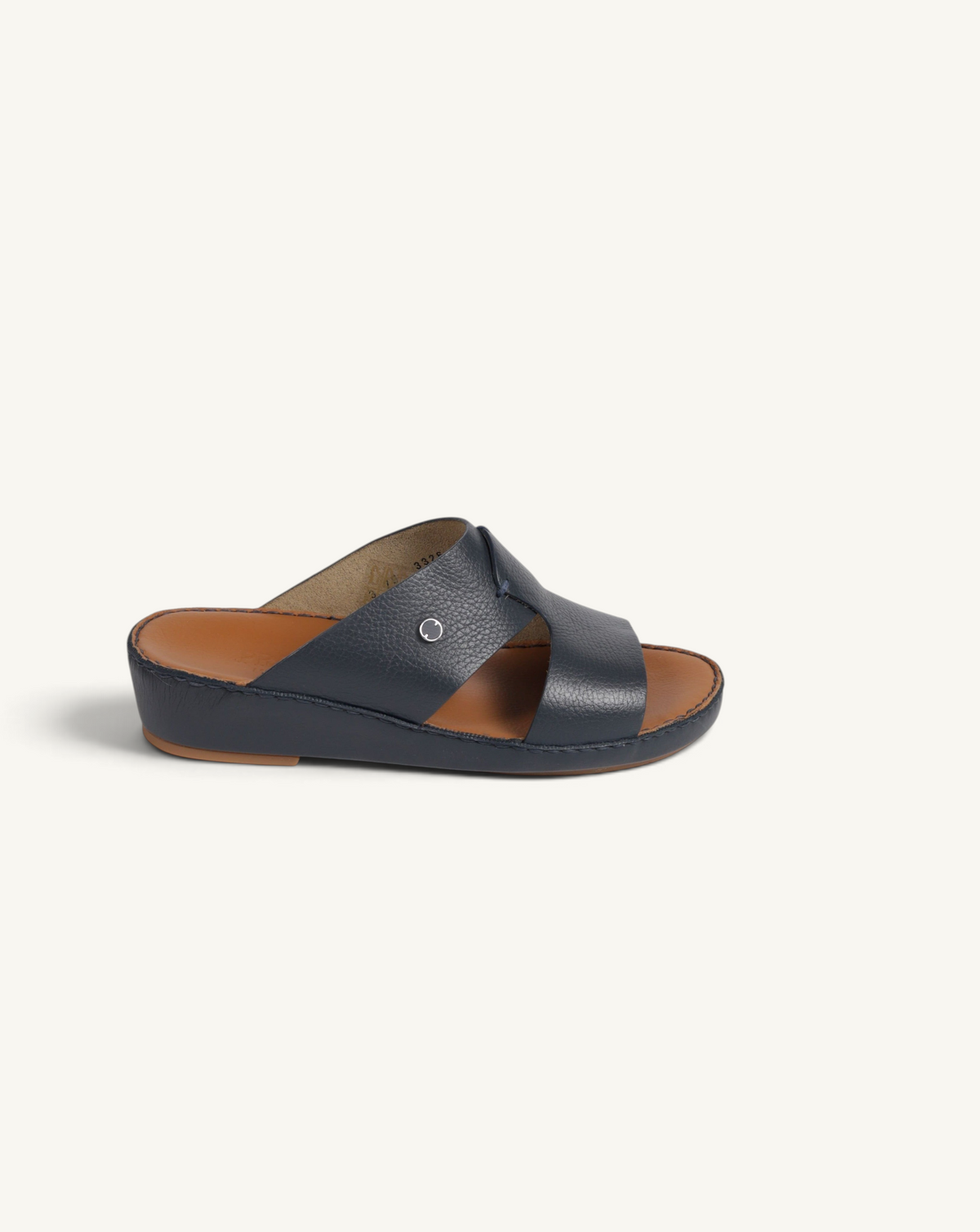 Prestige P3326 Legacy Trotter Aero navy blue leather slide sandal with a low wedge heel and metallic detail.