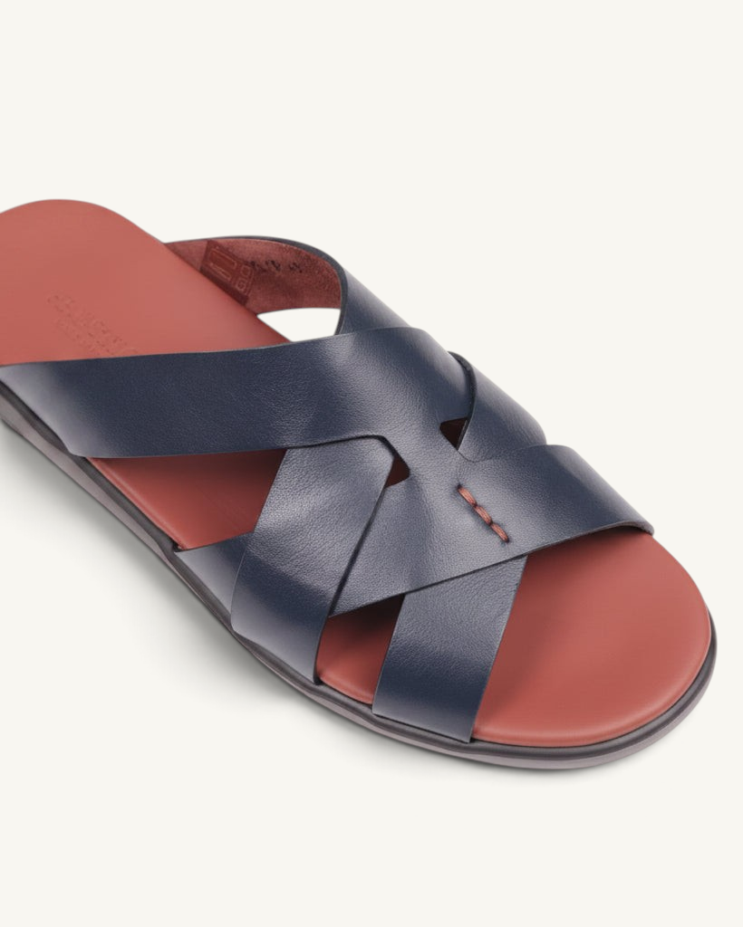 Prestige PSNC-XL10 slide sandals featuring navy blue soft nappa calf leather straps and a contrasting red footbed.
