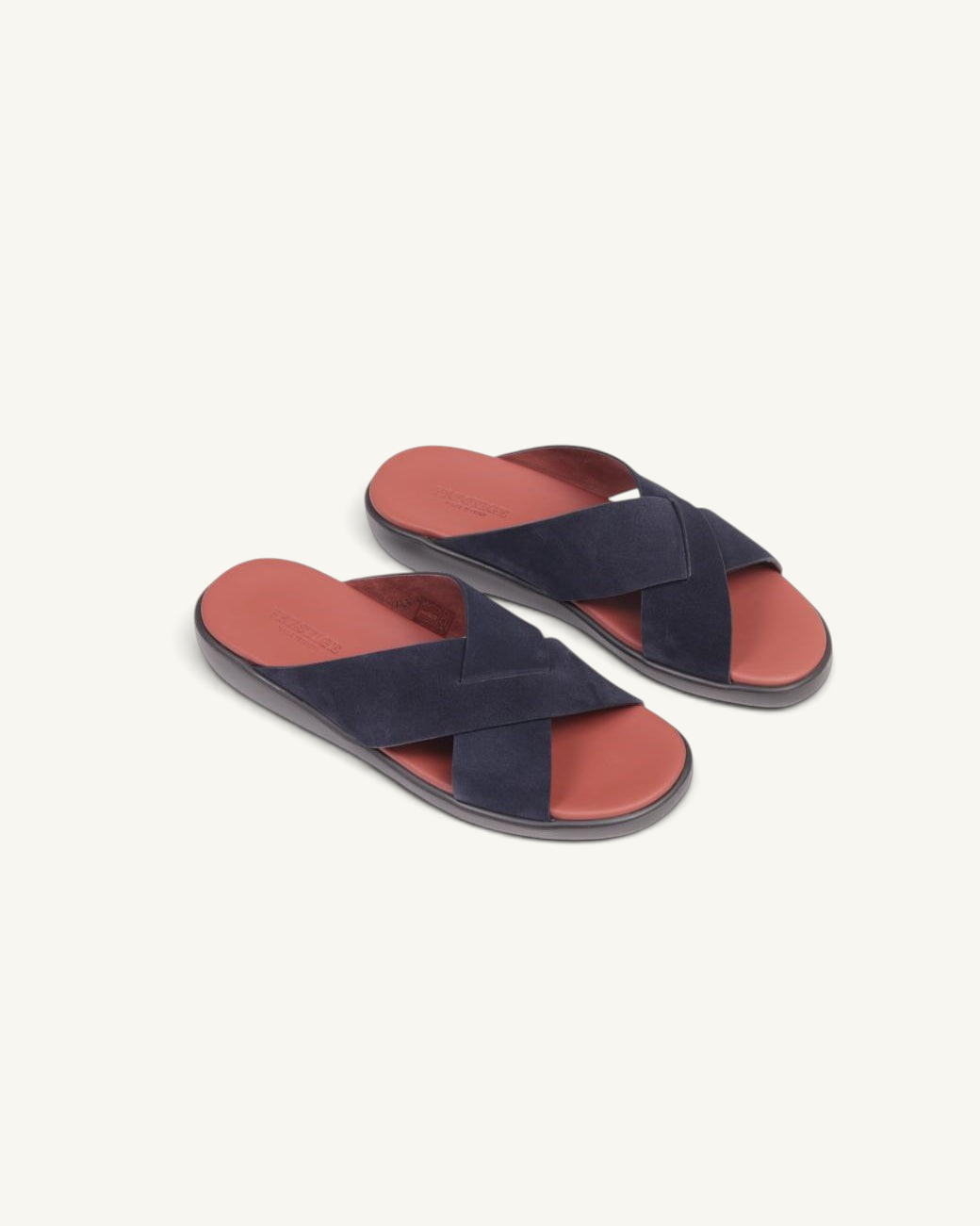 Prestige PSV-XL8 Velour Classic line Abisso navy blue suede crisscross strap sandals with a tan leather footbed.