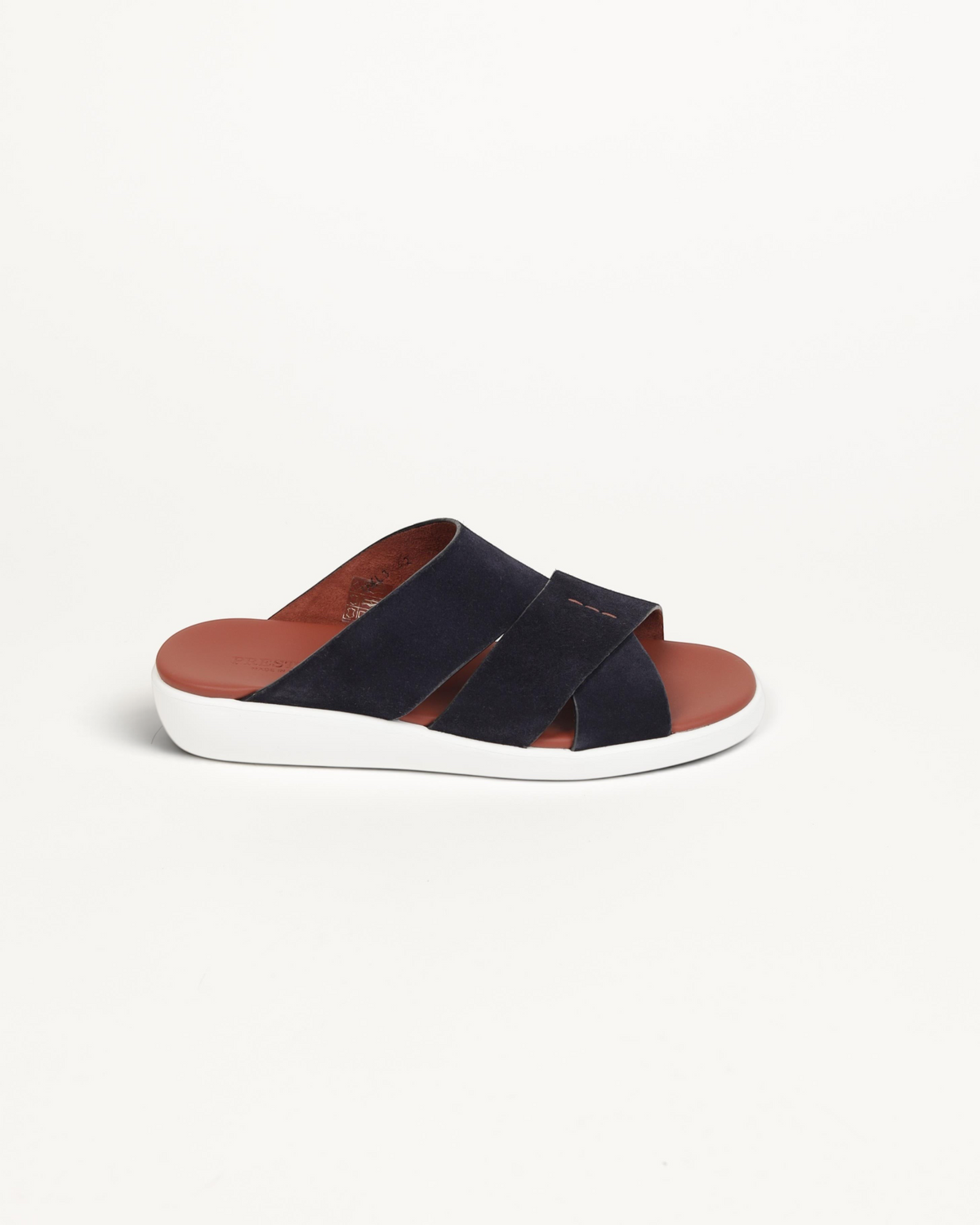 Prestige PVNL-XL3 Velour Sport Line Abisso slide sandal in dark navy suede with a brown footbed and white sole.