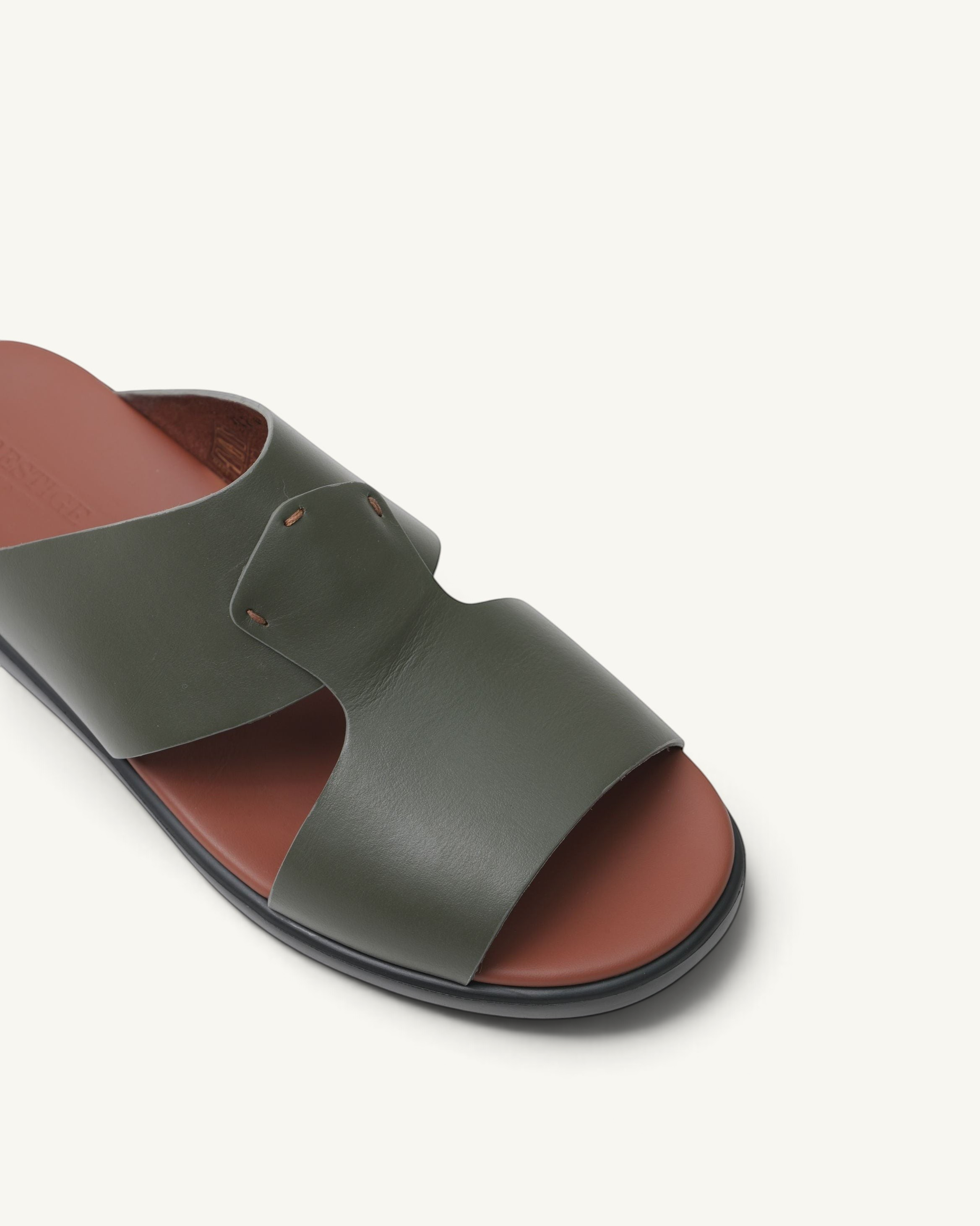 Prestige men's extra light sandals in olive green leather with a contrasting brown footbed and slip-on design.
