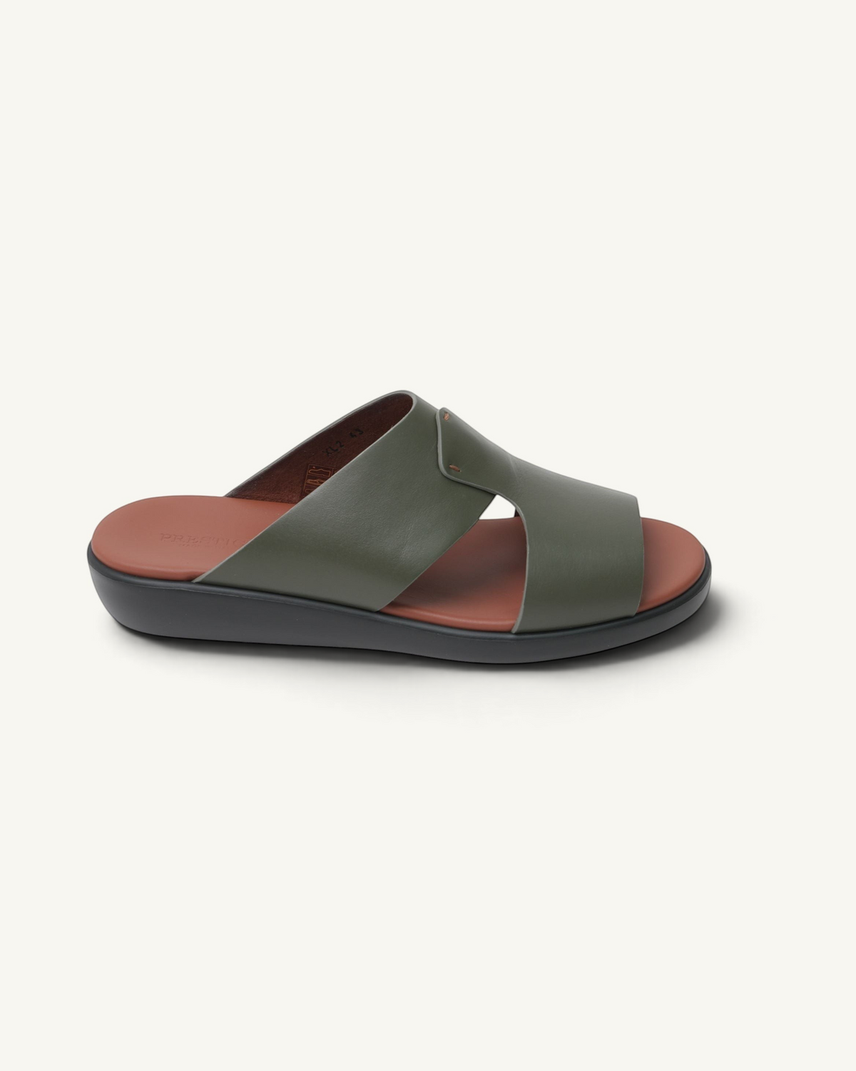 Prestige PG-XL2 Lord Gommato Quarzo men's extra light olive green leather slide sandals with a brown footbed