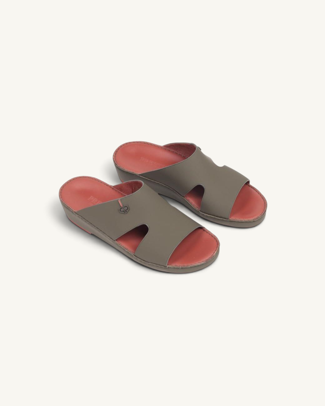 Prestige P3364 ELITE LUX MATT olive leather slide sandals with a contrasting coral red interior footbed.