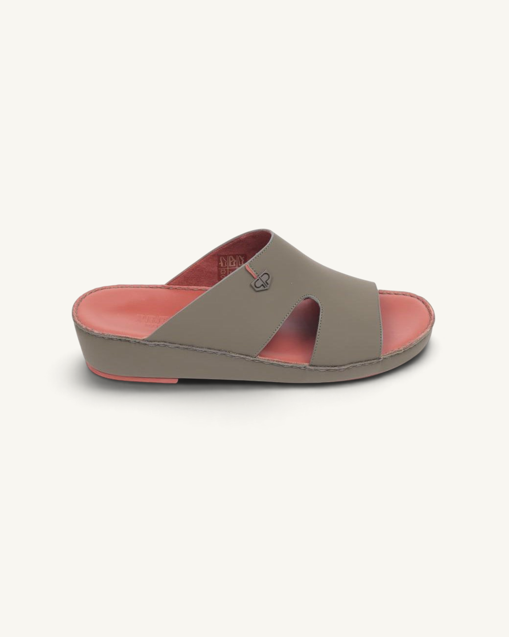 Prestige P3364 Elite Lux Matt olive slide sandal with a coral pink footbed and metallic logo detail