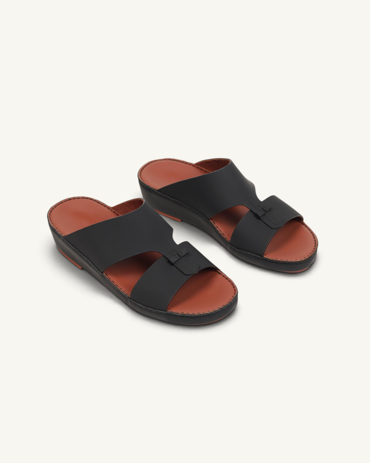 Prestige P3363 VOGUE LUX MATT black leather sandals with a tan footbed and minimalist slip-on design.