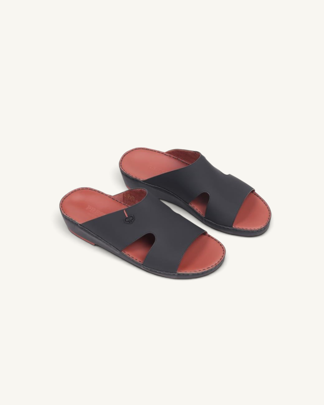 Prestige P3364 Elite Lux slide sandals in matte black leather with a contrasting terracotta red interior lining.