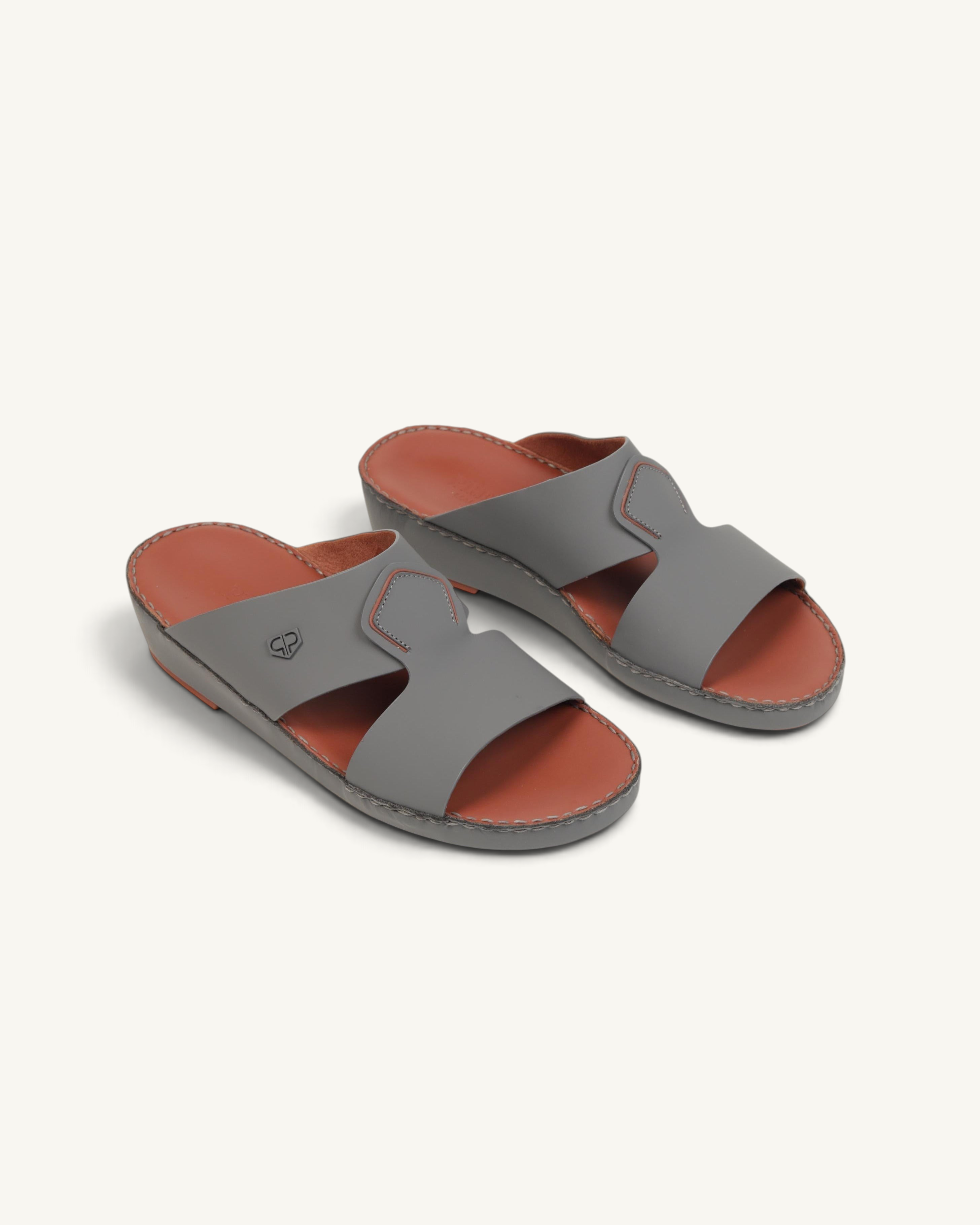 Prestige P3436 Vintage Lux Matt sandals in anthracite grey leather with a tan footbed and embossed logo detail