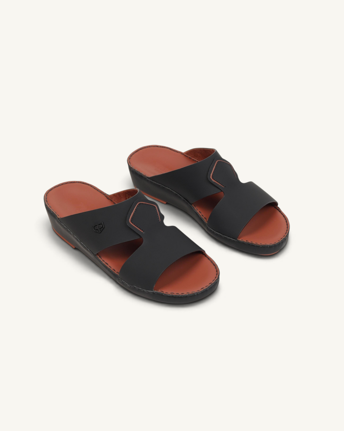 Prestige P3436 VINTAGE LUX MATT black leather sandals with a tan footbed and cutout strap design.