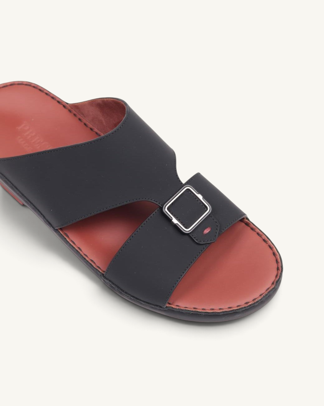Prestige P3439 LEGACY LUX matt black leather sandal with a silver buckle and contrasting red insole