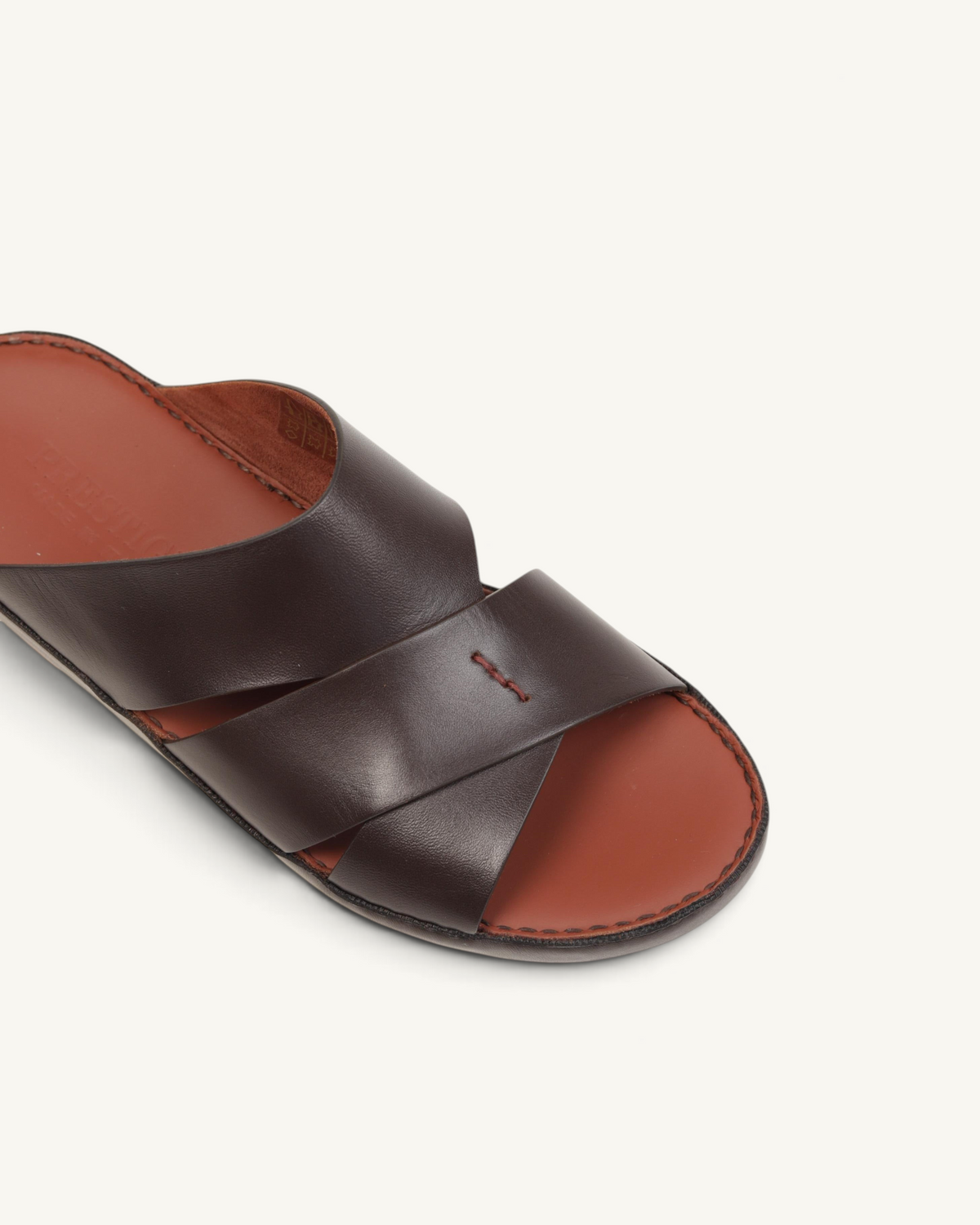 Prestige P3437 PALM LUX slide sandals in dark brown T-Moro napa calf leather with a crisscross strap design.